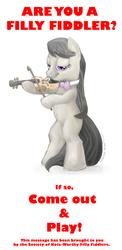 Size: 587x1200 | Tagged: safe, artist:smudge proof, octavia melody, earth pony, pony, g4, bedroom eyes, bipedal, double entendre, female, fiddle, filly, hoof hold, looking at you, poster, smiling, solo