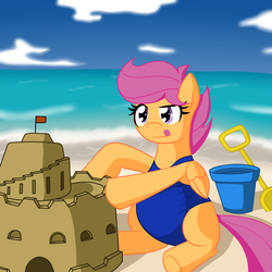 Size: 1600x1600 | Tagged: safe, artist:jake heritagu, scootaloo, pegasus, pony, ask pregnant scootaloo, g4, beach, clothes, female, one-piece swimsuit, pregnant, pregnant scootaloo, sandcastle, solo, swimsuit, teen pregnancy