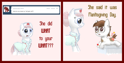 Size: 2102x1065 | Tagged: safe, artist:smudge proof, nurse redheart, pipsqueak, earth pony, pony, g4, ask, colt, comic, female, foal, implied spanking, literal butthurt, lollipop, male, mare, pain, reddened butt, spanked, tumblr