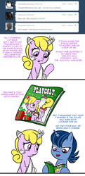 Size: 619x1280 | Tagged: safe, artist:madmax, oc, oc only, oc:bitchdancer, oc:midnight fun, pony, unicorn, ask, bandage, bow, clothes, comic, female, madmax weapon emporium, male, mare, mouth hold, playcolt, tail bow, trap, tumblr