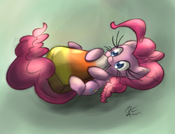 Size: 2982x2285 | Tagged: safe, artist:leadhooves, pinkie pie, earth pony, pony, g4, candy corn, cute, diapinkes, eyelashes, female, high res, micro, nom, on back, smiling, solo