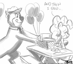 Size: 840x735 | Tagged: safe, artist:johnjoseco, pinkie pie, g4, :q, balloon, candy, crossover, eyes closed, eyes on the prize, food, grayscale, licking, licking lips, monochrome, open mouth, picnic basket, sitting, smiling, tongue out, yogi bear