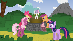 Size: 7680x4320 | Tagged: safe, artist:tbcroco, apple bloom, cheerilee, scootaloo, sweetie belle, twilight sparkle, earth pony, pegasus, pony, unicorn, g4, absurd resolution, cutie mark crusaders, female, filly, foal, mare, unicorn twilight, well