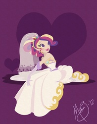 Size: 1440x1839 | Tagged: dead source, safe, artist:licoricebunny, princess cadance, human, g4, bride, clothes, dress, female, humanized, lipstick, pink lipstick, purple background, simple background, sitting, solo, wedding dress