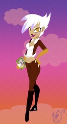 Size: 1000x1856 | Tagged: safe, artist:licoricebunny, daring do, gilda, g4, book, boots, clothes, cloud, cloudy, female, hand on hip, humanized, lipstick, midriff, shoes, sky background