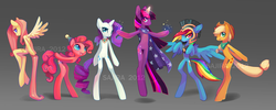 Size: 1280x510 | Tagged: dead source, safe, artist:sambragg, applejack, commander hurricane, fluttershy, pinkie pie, rainbow dash, rarity, twilight sparkle, earth pony, pegasus, pony, unicorn, semi-anthro, g4, arm hooves, bipedal, cape, clothes, mane six, rearing, skinny, sparkles, thin, watermark