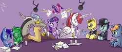 Size: 1633x700 | Tagged: safe, artist:atryl, discord, twilight sparkle, oc, oc:fausticorn, oc:jade aurora, bronycon, g4, interview, lauren faust, magic, ponified