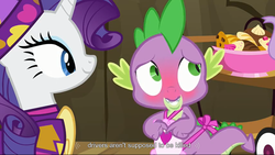 Size: 1600x900 | Tagged: safe, edit, edited screencap, screencap, rarity, spike, dragon, pony, unicorn, dragon quest, g4, apron, blushing, caption, clothes, female, male, mare, naked apron, youtube caption