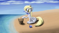 Size: 1920x1080 | Tagged: safe, artist:luffsas, derpy hooves, pegasus, pony, g4, beach, female, mare, muffin, ocean, sandcastle, water