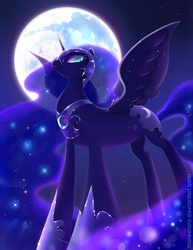 Size: 612x792 | Tagged: dead source, safe, artist:misteelala, nightmare moon, alicorn, pony, g4, beautiful, ethereal mane, female, horn, jewelry, mare in the moon, moon, nightmare moon moon, regalia, solo, spread wings, stars, wings