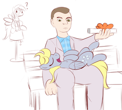 Size: 1200x1089 | Tagged: safe, artist:whatsapokemon, derpy hooves, human, g4, forrest gump, trio