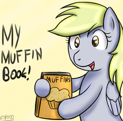 Size: 900x890 | Tagged: safe, artist:freefraq, derpy hooves, pegasus, pony, g4, book, dialogue, female, hoof hold, mare, muffin, open mouth, simple background, solo, that pony sure does love muffins, yellow background