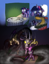 Size: 906x1200 | Tagged: safe, artist:mickeymonster, discord, twilight sparkle, draconequus, pony, unicorn, g4, duo, female, glowing horn, gritted teeth, horn, magic, male, pedestal