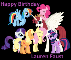 Size: 2800x2372 | Tagged: safe, applejack, fluttershy, pinkie pie, rainbow dash, rarity, twilight sparkle, oc, oc:fausticorn, g4, birthday, happy birthday, happy birthday lauren faust, high res, lauren faust