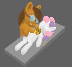 Size: 1737x1611 | Tagged: safe, artist:the-laughing-horror, sweetie belle, oc, pony, robot, unicorn, g4, eyes closed, female, filly, foal, goggles, hooves, horn, key, lying down, maintenance, male, repairing, stallion, sweetie bot, teeth