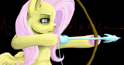 Size: 1169x615 | Tagged: safe, artist:colorlesscupcake, fluttershy, pony, g4, archery, arrow, bow (weapon), bow and arrow, crying, female, solo, weapon