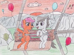 Size: 3059x2268 | Tagged: safe, artist:darkknighthoof, rumble, scootaloo, g4, balloon, carnival, colt, female, ferris wheel, filly, foal, high res, looking at each other, looking at someone, male, ship:rumbloo, shipping, straight, traditional art