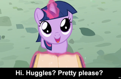 Size: 1024x671 | Tagged: safe, twilight sparkle, pony, unicorn, g4, book, bronybait, caption, cs captions, cute, female, filly, filly twilight sparkle, glowing horn, happy, horn, hug request, looking at you, looking up, looking up at you, magic, open mouth, smiling, solo, telekinesis, twiabetes