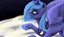 Size: 1055x612 | Tagged: safe, artist:colorlesscupcake, princess luna, pony, g4, female, moon, s1 luna, solo