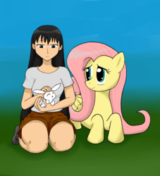 Size: 1393x1534 | Tagged: safe, artist:empyu, angel bunny, fluttershy, human, rabbit, g4, animal, azumanga daioh, crossover, duo, sakaki