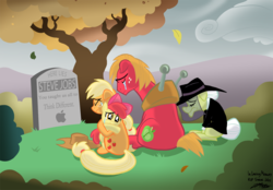 Size: 1000x696 | Tagged: safe, artist:willdrawforfood1, apple bloom, applejack, big macintosh, granny smith, earth pony, pony, apple (company), bow, cowboy hat, falling leaves, female, filly, funeral, grave, grave meme, gravestone, hat, implied death, leaves, logo, male, mare, memorial, sad, stallion, steve jobs, tree