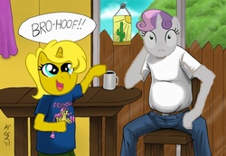 Size: 993x688 | Tagged: safe, sweetie belle, oc, oc:ticket, alicorn, pony, g4, alicorn oc, hoofbump, king of the hill