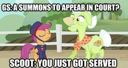 Size: 617x331 | Tagged: safe, granny smith, scootaloo, g4, clothes, eyes closed, mouth hold, reading, scootagram, smiling, subpoena, uniform