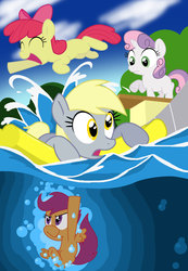 Size: 758x1095 | Tagged: safe, artist:shutterflye, apple bloom, derpy hooves, scootaloo, sweetie belle, pegasus, pony, g4, cutie mark crusaders, female, floaty, mare, swimming, swimming pool