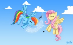 Size: 1680x1050 | Tagged: safe, artist:mysticalpha, fluttershy, rainbow dash, pony, g4, duo, hoof slap, wallpaper