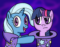 Size: 707x559 | Tagged: safe, artist:haxorus31, trixie, twilight sparkle, g4, hat, trixie's cape, trixie's hat