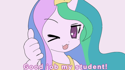 Size: 704x396 | Tagged: safe, artist:klondike, princess celestia, human, g4, dialogue, female, humanized, izumi konata, looking at you, lucky star, no pupils, one eye closed, parody, pink background, pony coloring, simple background, solo, thumbs up, wink