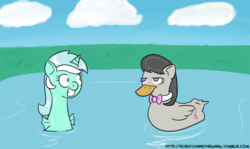 Size: 1024x609 | Tagged: safe, artist:deathshadow1991, lyra heartstrings, octavia melody, duck, sea pony, tumblr:scratch and the gang, g4, ducktavia, duo, octavia is not amused, seapony lyra, species swap, unamused