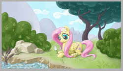 Size: 1320x763 | Tagged: safe, artist:giantmosquito, fluttershy, pony, g4, female, flower, flower in hair, outdoors, prone, river, solo, stream, tree
