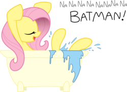 Size: 8310x6000 | Tagged: safe, artist:derpwave, artist:joey darkmeat, fluttershy, pegasus, pony, g4, absurd resolution, bath, bathtub, batman, claw foot bathtub, female, mare, silly, silly pony, simple background, singing, solo, transparent background