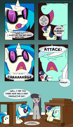 Size: 1100x1893 | Tagged: safe, artist:deathshadow1991, bon bon, dj pon-3, lyra heartstrings, octavia melody, sweetie drops, vinyl scratch, earth pony, pony, unicorn, tumblr:scratch and the gang, g4, comic, english, eyepatch, female, fort, mare, speech bubble, sweetie derelle, vinyl's glasses