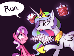 Size: 1024x768 | Tagged: safe, artist:karzahnii, diamond tiara, princess celestia, alicorn, earth pony, pony, g4, cake, cakelestia, female, mare, missing accessory, newspaper