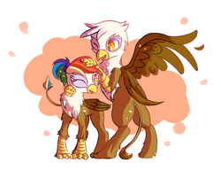 Size: 1333x1025 | Tagged: safe, artist:haute-claire, gilda, oc, oc:rainbow feather, griffon, hippogriff, g4, bipedal, cute, interspecies offspring, magical lesbian spawn, mother and daughter, offspring, one eye closed, open mouth, parent:gilda, parent:rainbow dash, parents:gildash, ponytail, smiling, spread wings, wink