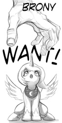 Size: 612x1216 | Tagged: safe, artist:hattonslayden, princess luna, alicorn, human, pony, g4, brony, bronybait, female, hand, hoof shoes, in goliath's palm, looking up, mare, micro, monochrome, open mouth, peytral, s1 luna, sitting, sketch, spread wings, want, wings