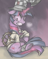 Size: 497x610 | Tagged: safe, artist:soulspade, twilight sparkle, g4, alice: madness returns, bondage, clothes, costume, gears, hat, mad hatter, steampunk, straitjacket, top hat, twilight snapple