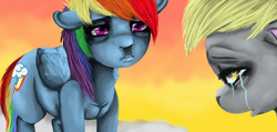Size: 1235x588 | Tagged: safe, artist:colorlesscupcake, derpy hooves, rainbow dash, pegasus, pony, g4, duo, female, mare
