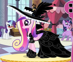 Size: 546x468 | Tagged: safe, princess cadance, rarity, twilight sparkle, g4, official, clothes, dress, gala dress, glasses