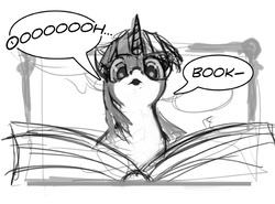 Size: 612x452 | Tagged: safe, artist:hattonslayden, twilight sparkle, pony, g4, :o, adorkable, book, bookhorse, cute, dork, eyes on the prize, female, monochrome, oooooh, sketch, solo, speech bubble, that pony sure does love books, twiabetes