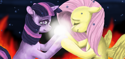 Size: 1043x496 | Tagged: safe, artist:colorlesscupcake, fluttershy, twilight sparkle, pony, unicorn, g4, crying, duo, ears back, female, floppy ears, lesbian, ship:twishy, shipping, unicorn twilight