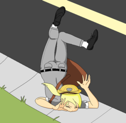 Size: 594x580 | Tagged: safe, artist:mattmankoga, derpy hooves, human, g4, base used, derp, eyes closed, face down ass up, female, humanized, mail, solo, tripping