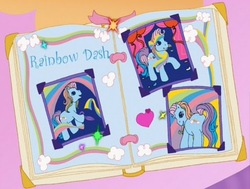 Size: 512x388 | Tagged: safe, screencap, rainbow dash (g3), earth pony, pony, a charming birthday, g3, clothes, female, heart, mare, plot shot, ponyville surprise birthday book, rainbow, raised hoof, scarf, scrapbook