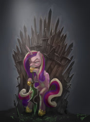 Size: 1056x1425 | Tagged: safe, artist:ponyrake, princess cadance, alicorn, pony, g4, crossover, game of thrones, implied queen chrysalis, iron throne, solo, sword, weapon