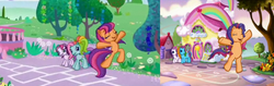 Size: 950x300 | Tagged: safe, edit, screencap, rainbow dash (g3), scootaloo (g3), sweetie belle (g3), g3, g3.5, comparison, hopscotch (game), intro, scootaloo will show us games to play