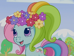 Size: 633x475 | Tagged: safe, screencap, rainbow dash (g3), pony, g3, g3.5, twinkle wish adventure, dreams do come true, female, floral head wreath, flower, smiling, solo