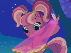 Size: 633x475 | Tagged: safe, screencap, cheerilee (g3), earth pony, firefly (insect), insect, pony, g3, g3.5, twinkle wish adventure, book, dreams do come true, female, light, sitting, smiling