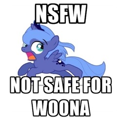 Size: 400x386 | Tagged: safe, artist:flausch-katzerl, princess luna, pony, g4, artifact, cute, female, filly, image macro, meme, not safe for woona, scared, solo, woona, younger